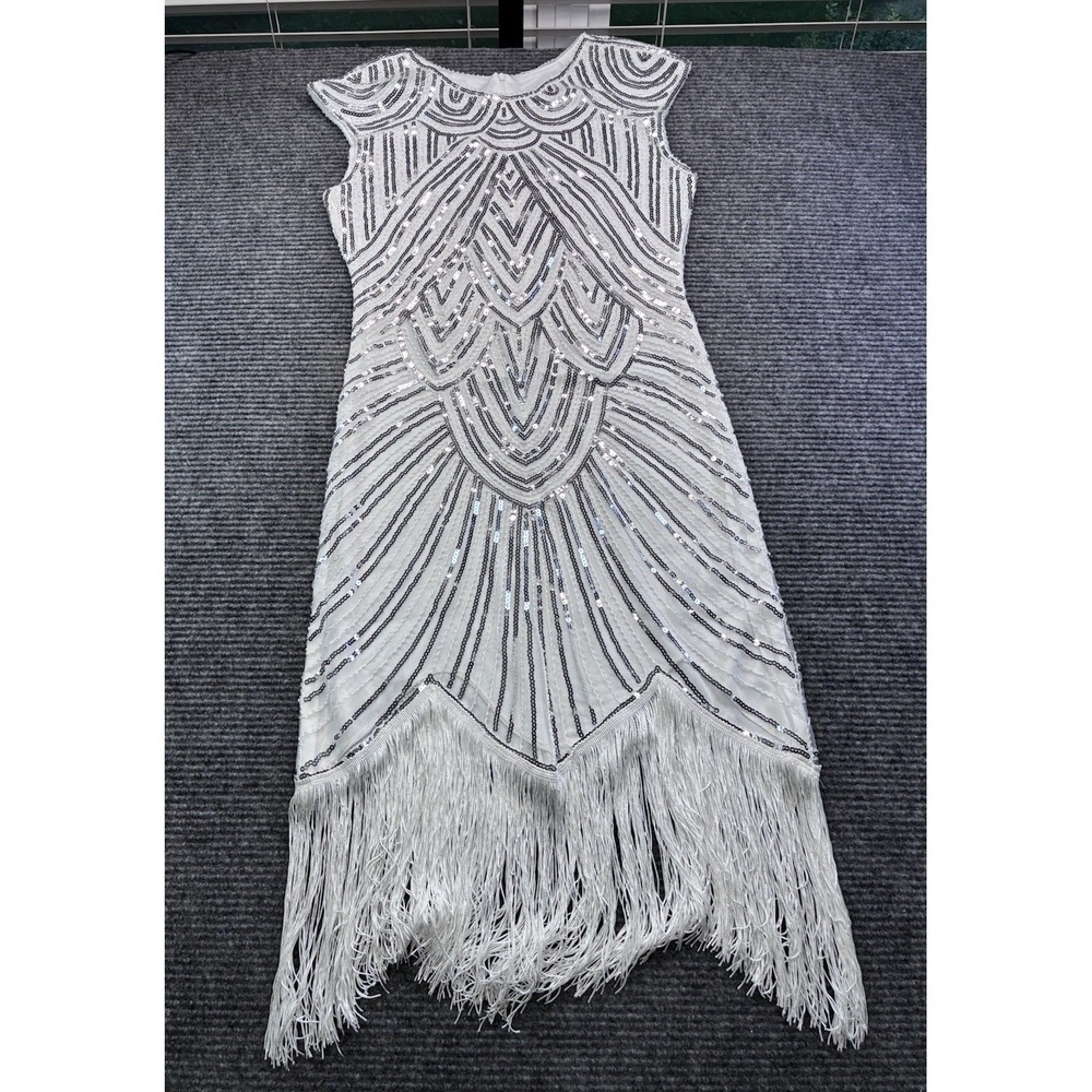 Roaring 20's Flapper Dress & Accessories Halloween Party Costume Silver Medium